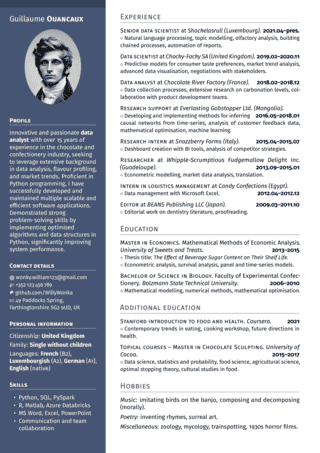 Simple LaTeX one-page modern curriculum vitae CV template